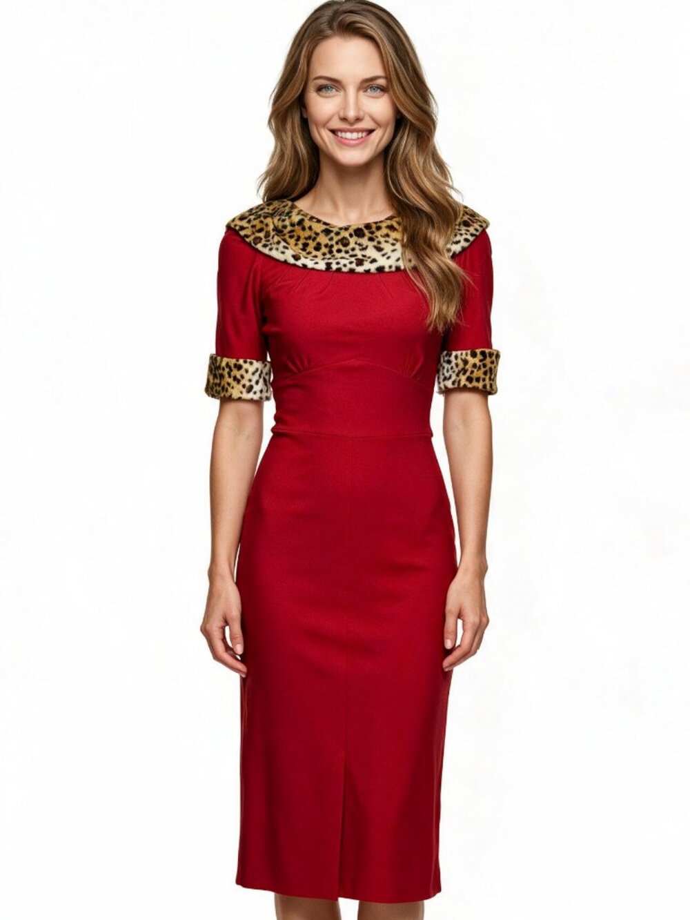 SUPER RARE Stop Staring Red Pinup Wiggle Bodycon Stretch Midi Dress, Leopard S